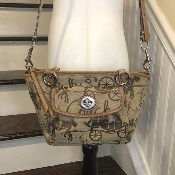 COACH Tan Horse Carriage Embroidered Canvas Brown Leather Crossbody Shoulder Bag - Picture 1 of 16